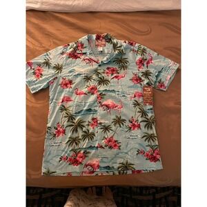 RJC Made In Hawaii USA Flamingo Tropical Hawaiian Shirt Mens Size Large Blue‎
